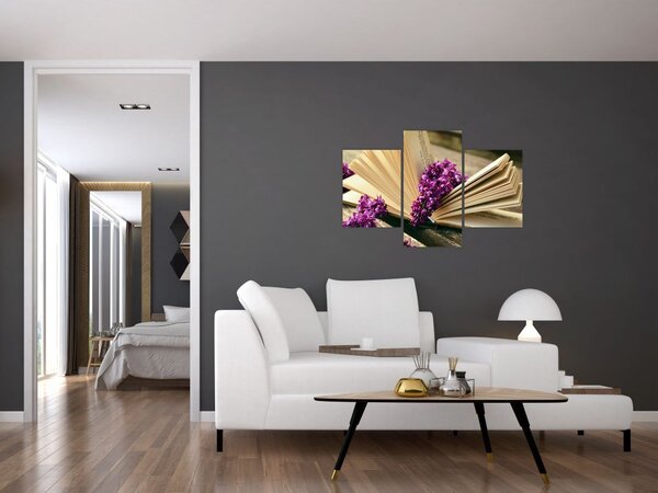 Tablou cu carte și floare violetă (90x60 cm)