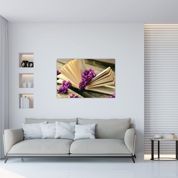 Tablou cu carte și floare violetă (90x60 cm)