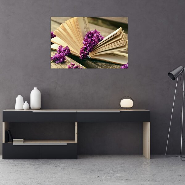 Tablou cu carte și floare violetă (90x60 cm)