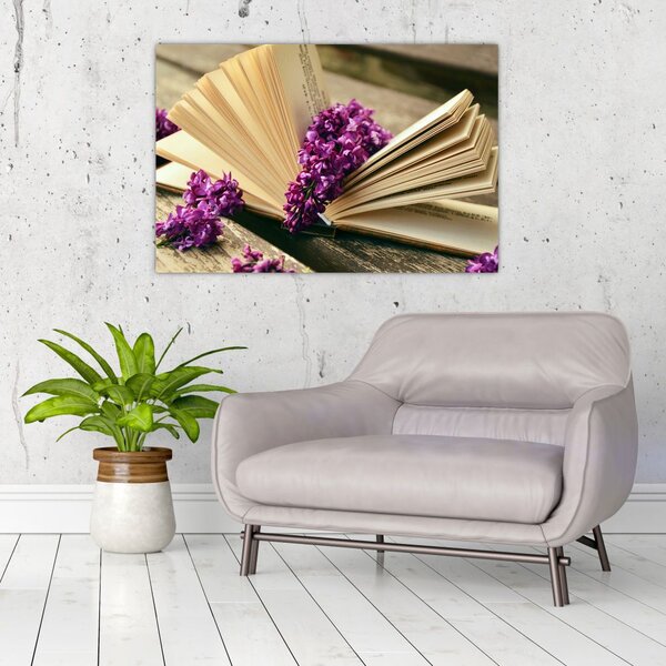Tablou cu carte și floare violetă (90x60 cm)