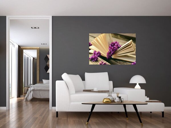 Tablou cu carte și floare violetă (90x60 cm)