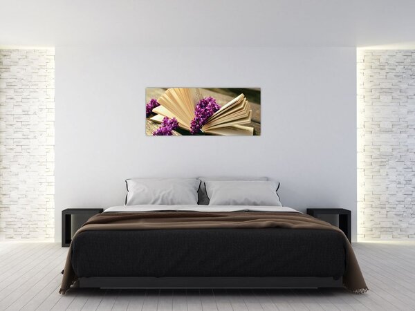 Tablou cu carte și floare violetă (120x50 cm)