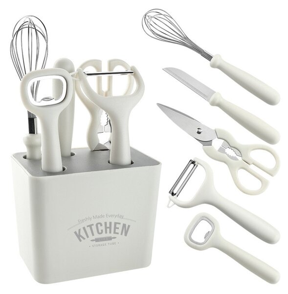 Set 6 ustensile bucatarie Tahagov, cu suport inclus, desfacator, curatator legume, foarfeca, cutit, tel, ABS si inox, alb
