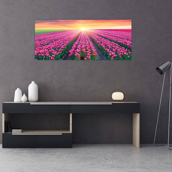 Tablou cu câmp de lalele cu soare (120x50 cm)