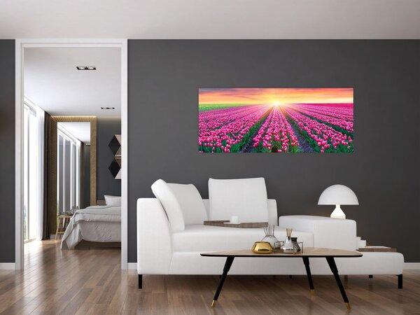 Tablou cu câmp de lalele cu soare (120x50 cm)