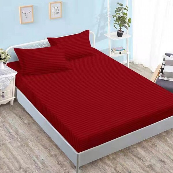 Cearceaf de pat cu elastic + doua fete perna, 180x200 cm, culoare Rosu, cod CS04