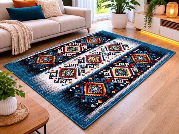 Covor Sufragerie Dormitor, Model Kolibri 11226 140, Albastru Multicolor, Dreptunghi, 120x170