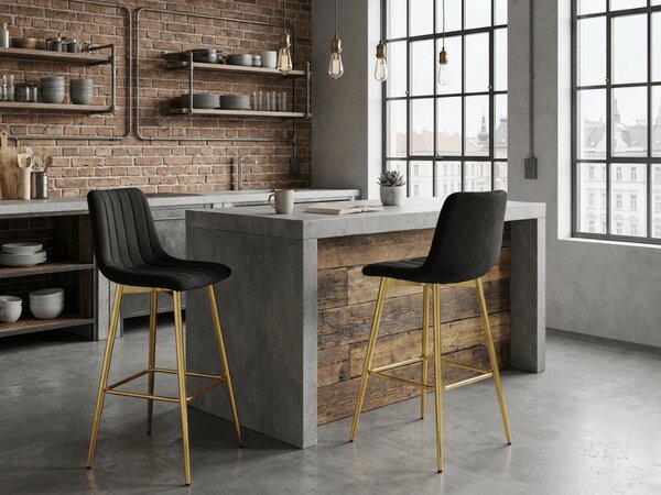 Scaun de bar POZZA VELVET cu picioare aurii, negru