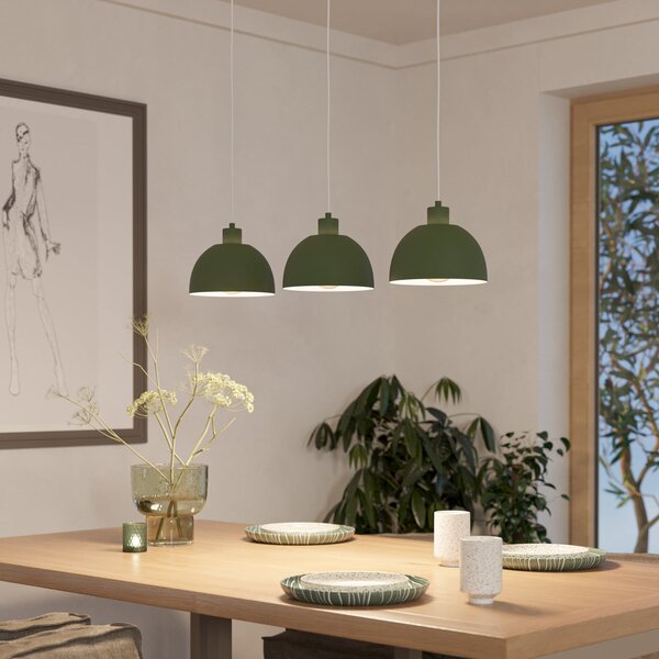 EGLO Lampă suspendată Cazalilla, verde, cu 3 becuri, din metal, E27, reglabil, Verde, Bucătărie, Metal