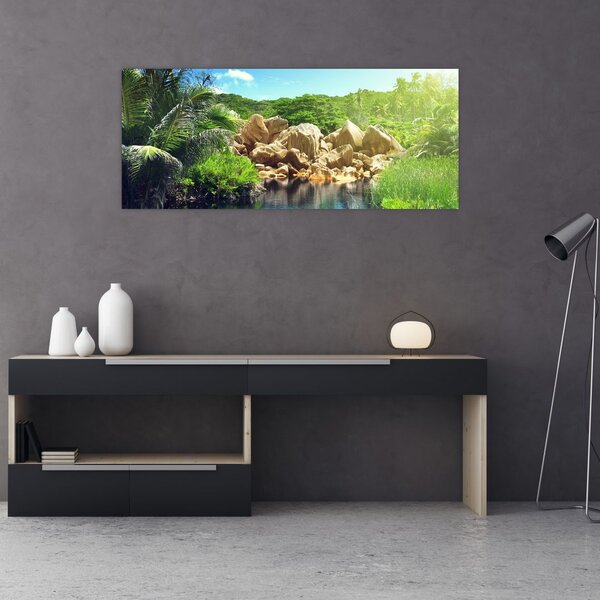 Tablou cu lac în jungla din Seychelles (120x50 cm)