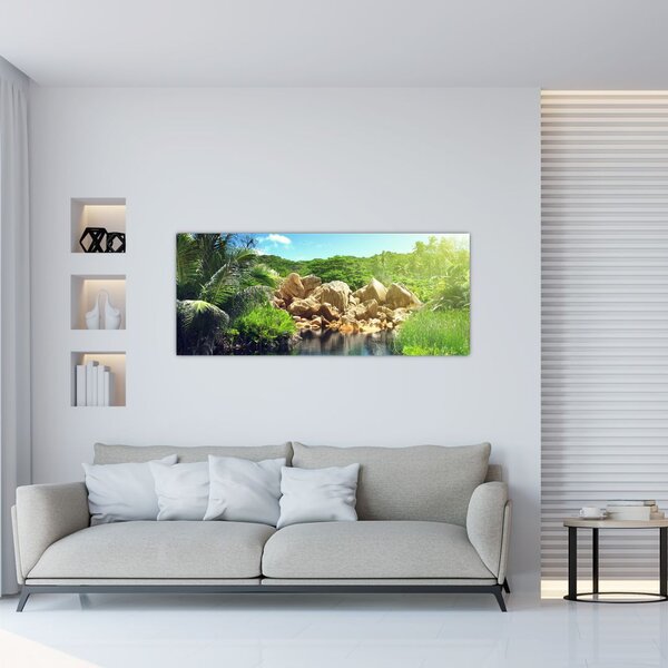 Tablou cu lac în jungla din Seychelles (120x50 cm)