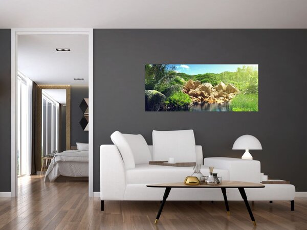 Tablou cu lac în jungla din Seychelles (120x50 cm)