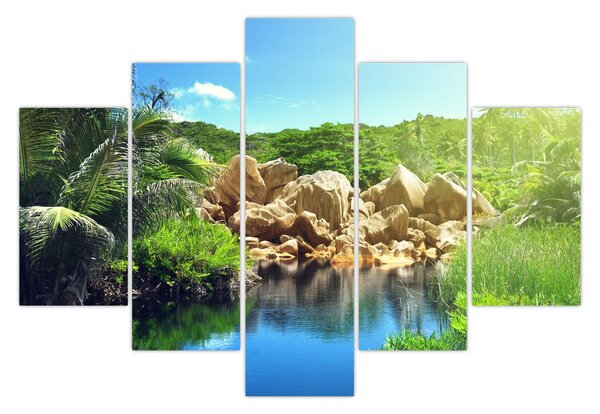 Tablou cu lac în jungla din Seychelles (150x105 cm)