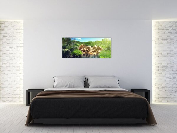 Tablou cu lac în jungla din Seychelles (120x50 cm)