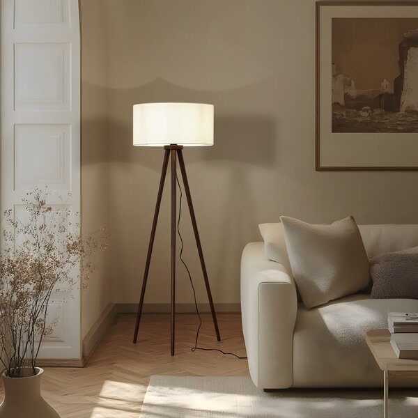 Lindby Lampadar Charlia, albă, lemn de nuc, înălțime 150 cm, Lemn, Camera de zi / sufragerie, Țesătură / Textil, Scandinavă, Tripod