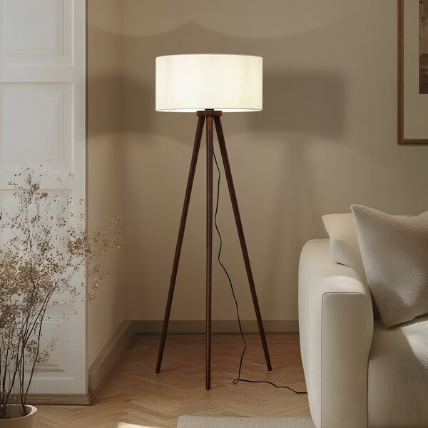 Lindby Lampadar Charlia, albă, lemn de nuc, înălțime 150 cm, Lemn, Camera de zi / sufragerie, Țesătură / Textil, Scandinavă, Tripod