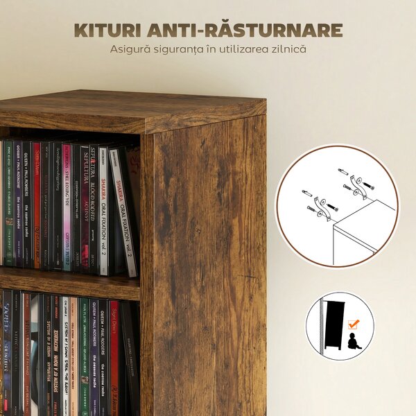 HOMCOM Set de 2 Rafturi pentru 204 CD-uri cu Polițe Ajustabile, 21x22,5x88,5cm, Maro Rustic | Aosom Romania