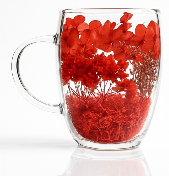 Cană cu hortensii și gypsophila roșii, pereți dubli, sticlă borosilicată, 300 ml, SZK193