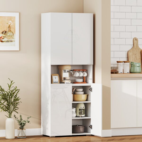 HOMCOM Dulap Bucătărie Înalt 180cm, Mobilier Depozitare cu Uși Soft-Close, Raft Deschis, 2 Dulapuri, Rafturi Ajustabile, Stil Modern pentru Sufragerie sau Bucătărie, Alb Lucios | Aosom Romania