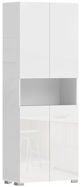 HOMCOM Dulap Bucătărie Înalt 180cm, Mobilier Depozitare cu Uși Soft-Close, Raft Deschis, 2 Dulapuri, Rafturi Ajustabile, Stil Modern pentru Sufragerie sau Bucătărie, Alb Lucios | Aosom Romania