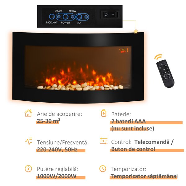 HOMCOM Șemineu Electric Încorporat cu Lumină LED în 7 Culori, Temperatură 15-30°C și Telecomandă, 89,2x13,5x48 cm, Negru | Aosom Romania