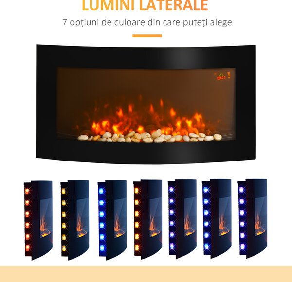 HOMCOM Șemineu Electric Încorporat cu Lumină LED în 7 Culori, Temperatură 15-30°C și Telecomandă, 89,2x13,5x48 cm, Negru | Aosom Romania