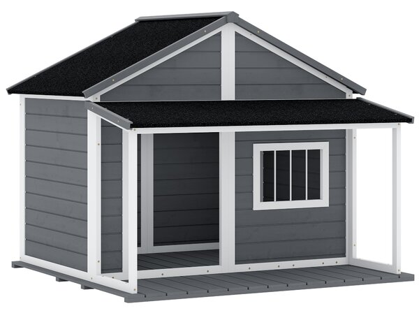 PawHut Casuță din Lemn de Exterior pentru Câini, Cușcă pentru Câini cu Terasă, Fereastră și Acoperiș Impermeabil, 124x112x105 cm, Gri | Aosom Romania
