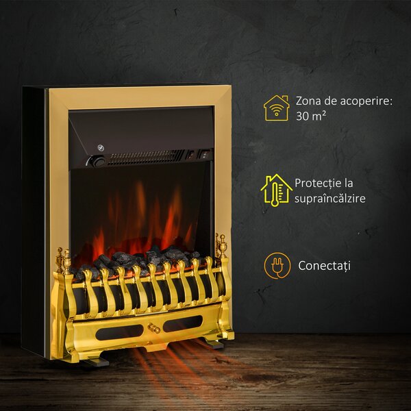 Șemineu Electric Încorporabil sau de Podea 1000-2000W, din Plastic și Metal, Auriu, 48x19x59cm HOMCOM | Aosom RO