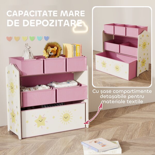 Raft AIYAPLAY pentru Depozitarea Jucăriilor, 3 Niveluri, 6 Cutii Textile Detașabile, Organizator pentru Dormitor, Living și Camera de Joacă, Roz | Aosom Romania