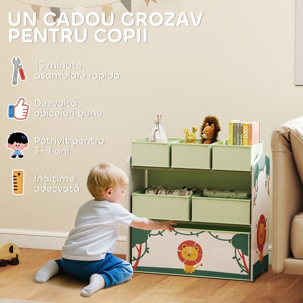 AIYAPLAY Raft pentru Jucării Copii cu 3 Niveluri și 6 Containere Detașabile din Material Textil, Mobilier Organizator pentru Dormitor, Cameră de Joacă și Sufragerie, Verde | Aosom Romania