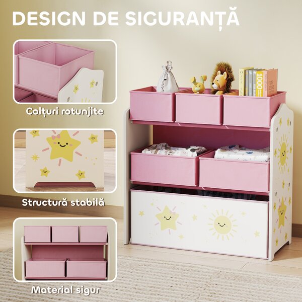 Raft AIYAPLAY pentru Depozitarea Jucăriilor, 3 Niveluri, 6 Cutii Textile Detașabile, Organizator pentru Dormitor, Living și Camera de Joacă, Roz | Aosom Romania