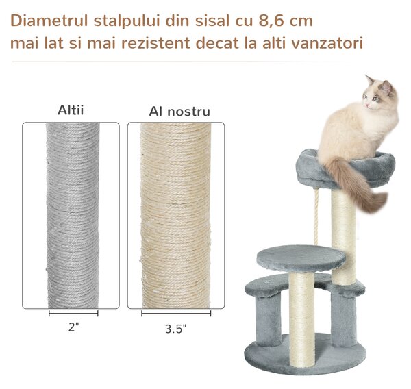 Copac pentru Pisici cu 3 Niveluri, 2 platforme si frânghie, din Plus, Sisal, Natural Gri Ф40x65cm PawHut | Aosom Romania
