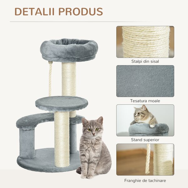 Copac pentru Pisici cu 3 Niveluri, 2 platforme si frânghie, din Plus, Sisal, Natural Gri Ф40x65cm PawHut | Aosom Romania