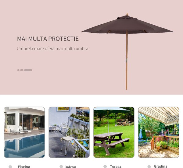 Outsunny Umbrelă de Soare pentru Grădină, Structură din Lemn, Φ250 cm, Ideală pentru Exterior | Aosom Romania