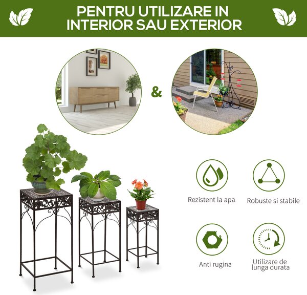 Outsunny Set de 3 Scaune Suport pentru Plante, Design Clasic din Fier, Ideal pentru Decorul Grădinii, Maro | Aosom Romania
