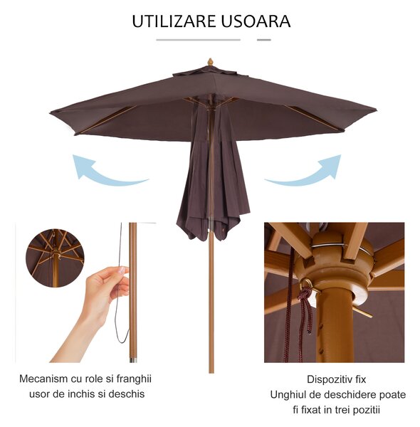 Outsunny Umbrelă de Soare pentru Grădină, Structură din Lemn, Φ250 cm, Ideală pentru Exterior | Aosom Romania