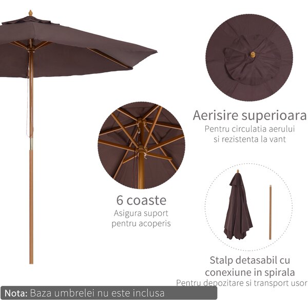 Outsunny Umbrelă de Soare pentru Grădină, Structură din Lemn, Φ250 cm, Ideală pentru Exterior | Aosom Romania
