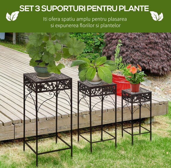Outsunny Set de 3 Scaune Suport pentru Plante, Design Clasic din Fier, Ideal pentru Decorul Grădinii, Maro | Aosom Romania