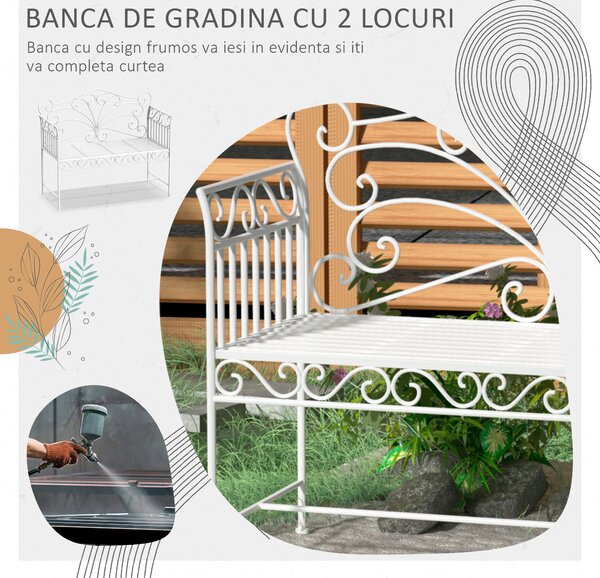 Bancuta cu 2 Locuri pentru Gradina Outsunny, Fier, Alb, 109.5x51x95.5cm | Aosom Romania