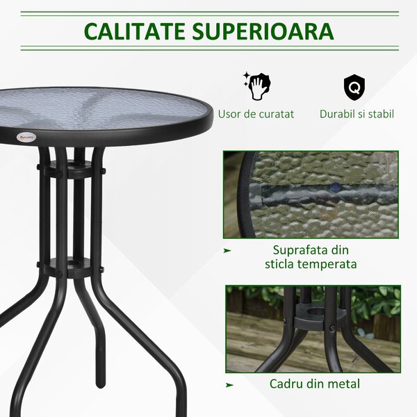 Outsunny Masă Rotundă de Grădină cu Blat din Sticlă Securizată, Φ60x70 cm, Negru | Aosom Romania