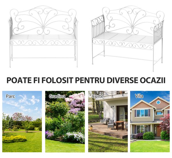 Bancuta cu 2 Locuri pentru Gradina Outsunny, Fier, Alb, 109.5x51x95.5cm | Aosom Romania