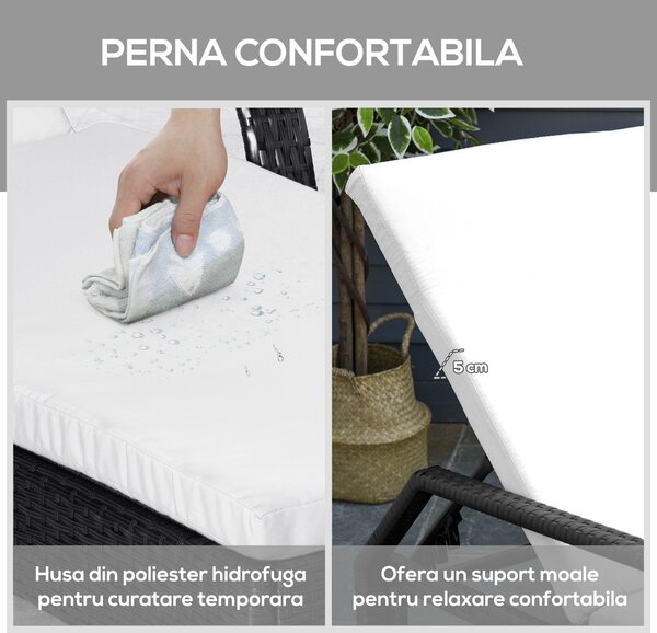 Outsunny Set Mobilier de Grădină din Ratan Negru cu Măsuță și 2 Șezlonguri Exterior cu Saltele Captușite Confortabile 200x73x103cm | Aosom Romania