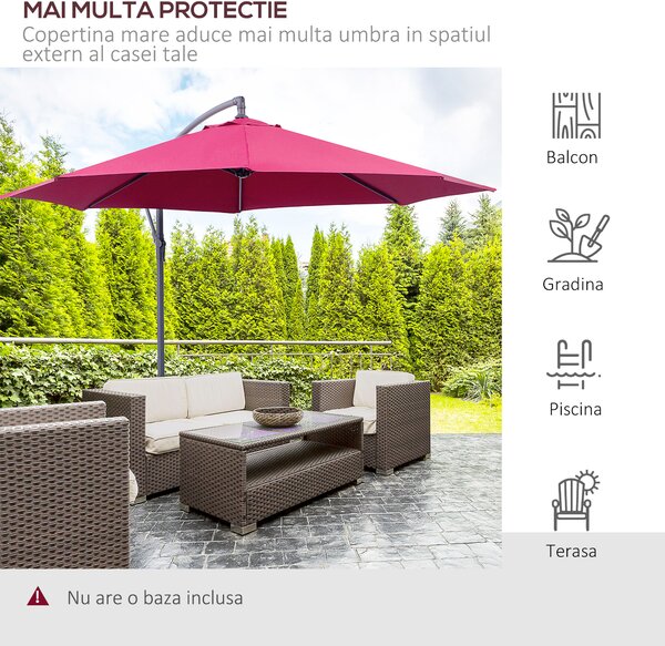 Umbrela Parasolara Decentrata Outsunny, Metal, Bordeaux, Φ3x2.6m | Aosom Romania