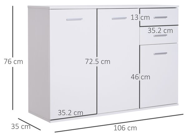 HOMCOM Dulapior Multifuncțional cu 3 Uși și 2 Sertare, Design Modern, Lemn Granulat, Alb, 106x35x76cm | Aosom Romania