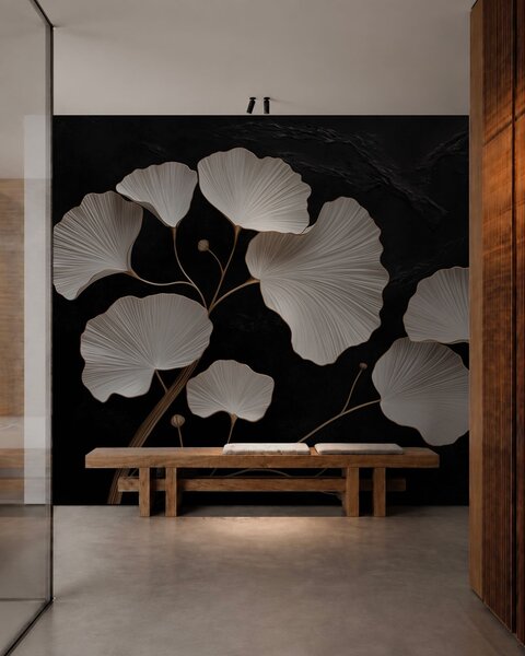 Tapet Frunze albe în formă de evantai pe un fundal negru, Fototapet Natură, w05860 : Uwalls.ro