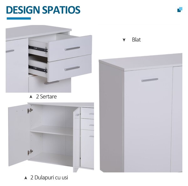 HOMCOM Dulapior Multifuncțional cu 3 Uși și 2 Sertare, Design Modern, Lemn Granulat, Alb, 106x35x76cm | Aosom Romania