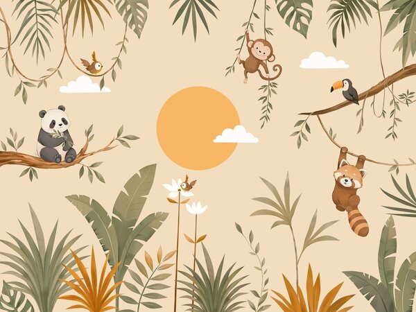 Tapet Animale tropicale, frunziș și soare pe un fundal cald, Fototapet Natură, w05865v1 : Uwalls.ro