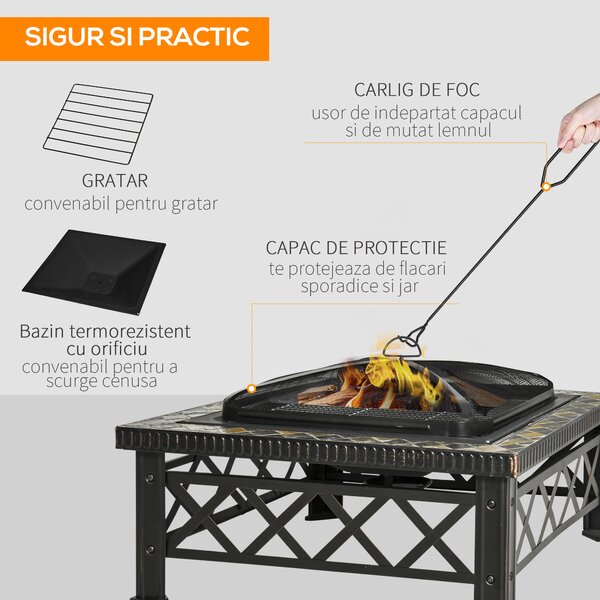 Outsunny Brazier pentru Grădină cu Capac de Protecție și Grătar, Ideal pentru Seri în Aer Liber, Design Pragmatic | Aosom Romania