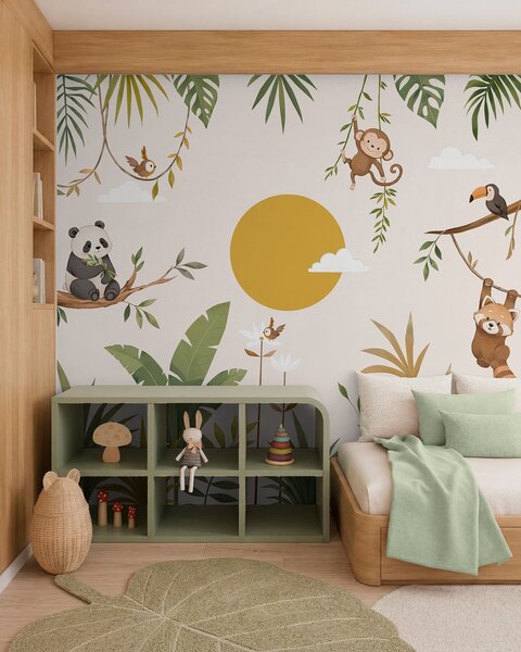 Tapet Animale tropicale printre frunziș, cu un soare mare, Fototapet Natură, w05865v2 : Uwalls.ro