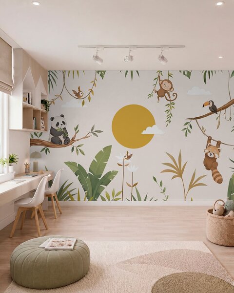 Tapet Animale tropicale printre frunziș, cu un soare mare, Fototapet Natură, w05865v2 : Uwalls.ro